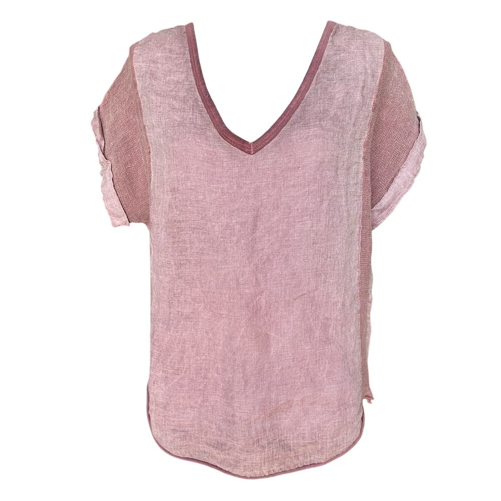 Meo Meli Women’s V-Neck Linen Blend Blouse in Dusty Rose